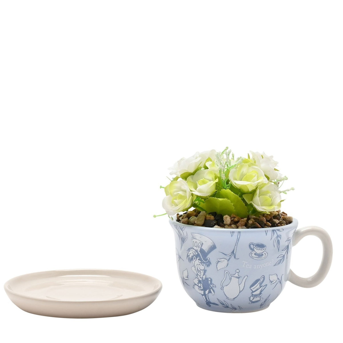 Alice in Wonderland Teacup Planter with Faux Plant - Blue & Beige