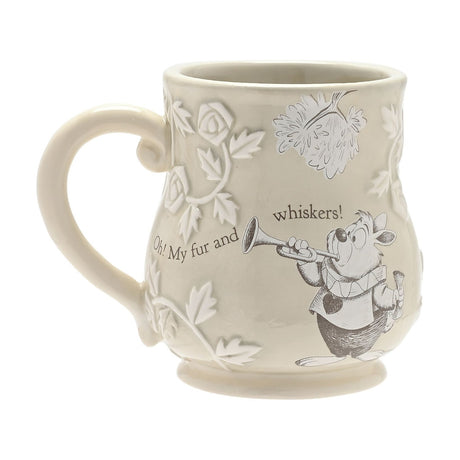 Stone-coloured earthenware mug with embossed roses and leaves, featuring a pencil-style White Rabbit illustration blowing a trumpet beside "Oh! My fur and whiskers!" text, on a plain white background.