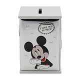Silver-plated wooden Mickey Mouse money box with white top and base, featuring Mickey resting his chin on his hands beside "I Love You So Much" text.