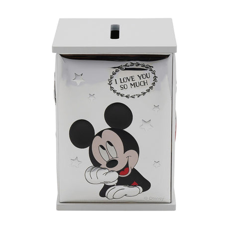 Silver-plated wooden Mickey Mouse money box with white top and base, featuring Mickey resting his chin on his hands beside "I Love You So Much" text.