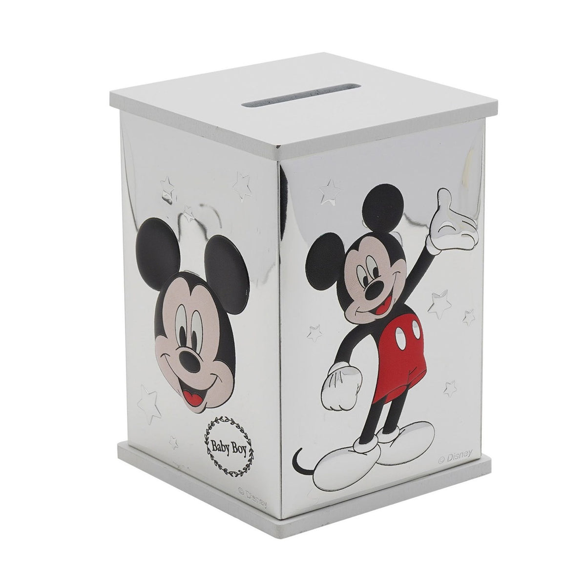 Rectangular Mickey Mouse wooden money box with silver-plated sides, white top and base, and printed Mickey designs in black, red and pink, shown on a plain white background.