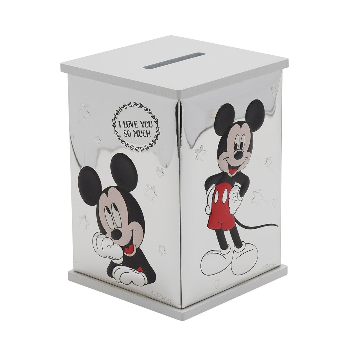 Mickey Mouse wooden money box with silver-plated sides in white, silver and red, showing Mickey leaning thoughtfully and standing hands-on-hips, with a white lid coin slot, on a plain background.