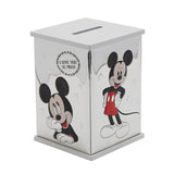 Mickey Mouse wooden money box with silver-plated sides in white, silver and red, showing Mickey leaning thoughtfully and standing hands-on-hips, with a white lid coin slot, on a plain background.