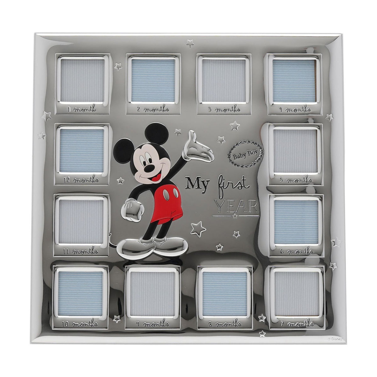 Silverplated square photo frame with twelve month-labelled windows surrounding a central Mickey Mouse figure and "My first YEAR" text, silver and white finish.
