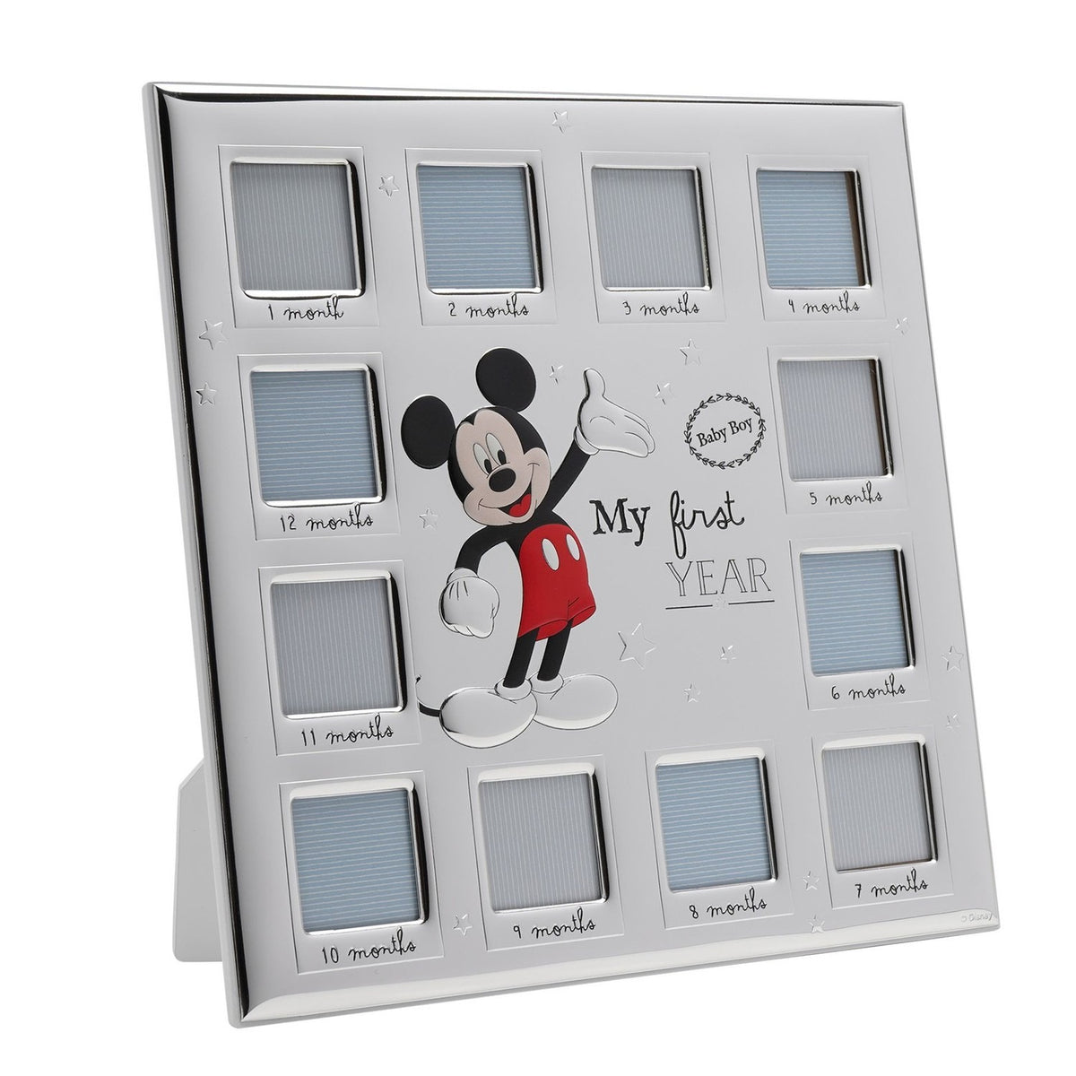 Silver-plated square photo frame with twelve month-labelled windows around a central Mickey Mouse graphic and "My first Year" text, shown on a plain white background.
