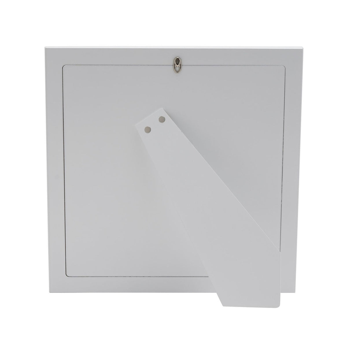 Back view of the Mickey Mouse 12 Month silverplated photo frame in white, showing the fold-out stand and keyhole hanger on a plain background.