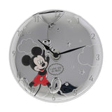 Round silverplated wall clock featuring a raised Mickey Mouse figure in black, white and red holding a balloon, with embossed clouds, stars and numerals on a polished silver dial.