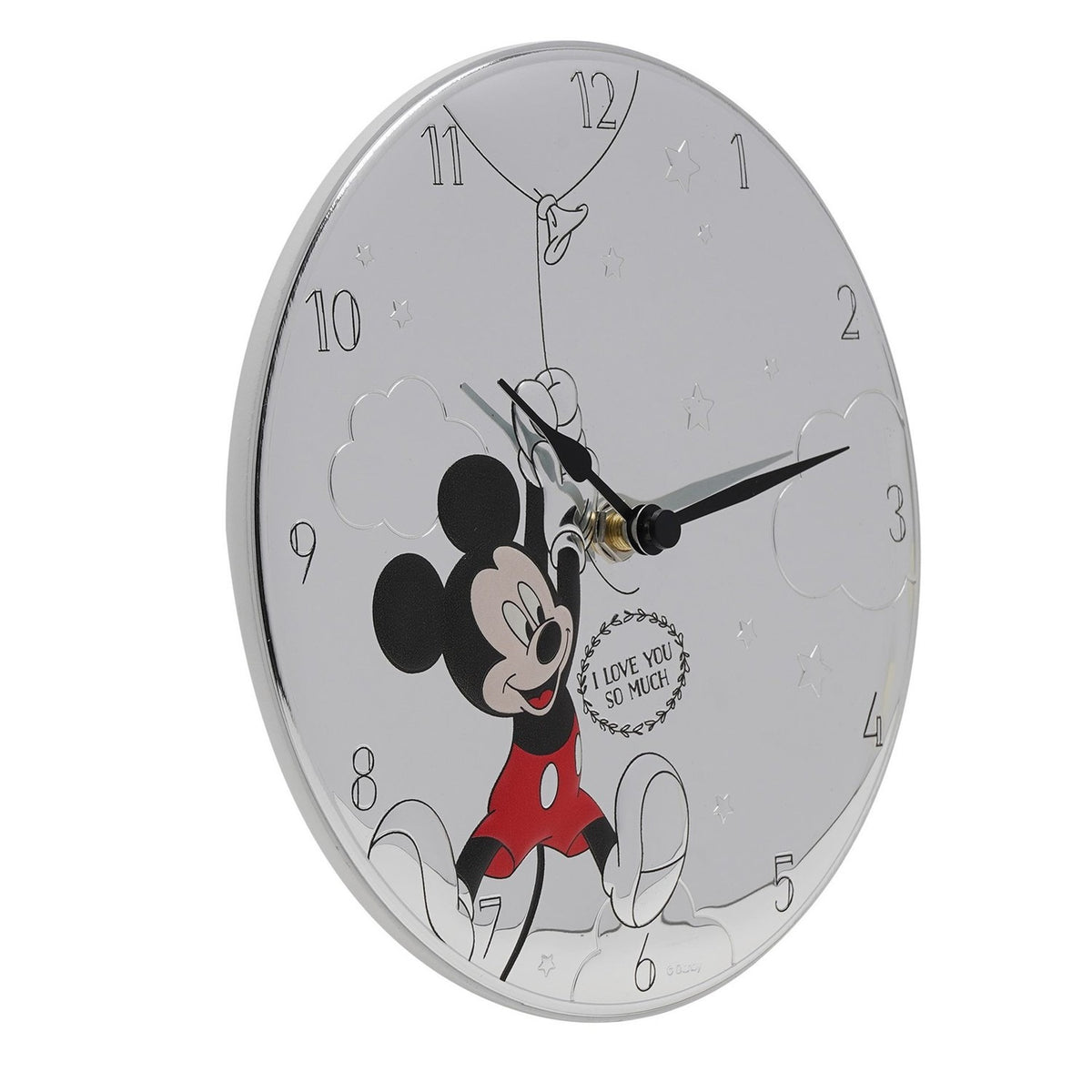 Round silver-plated wall clock with embossed Mickey Mouse holding a balloon, clouds and stars on the dial, black hands and red accent, set on a white background.