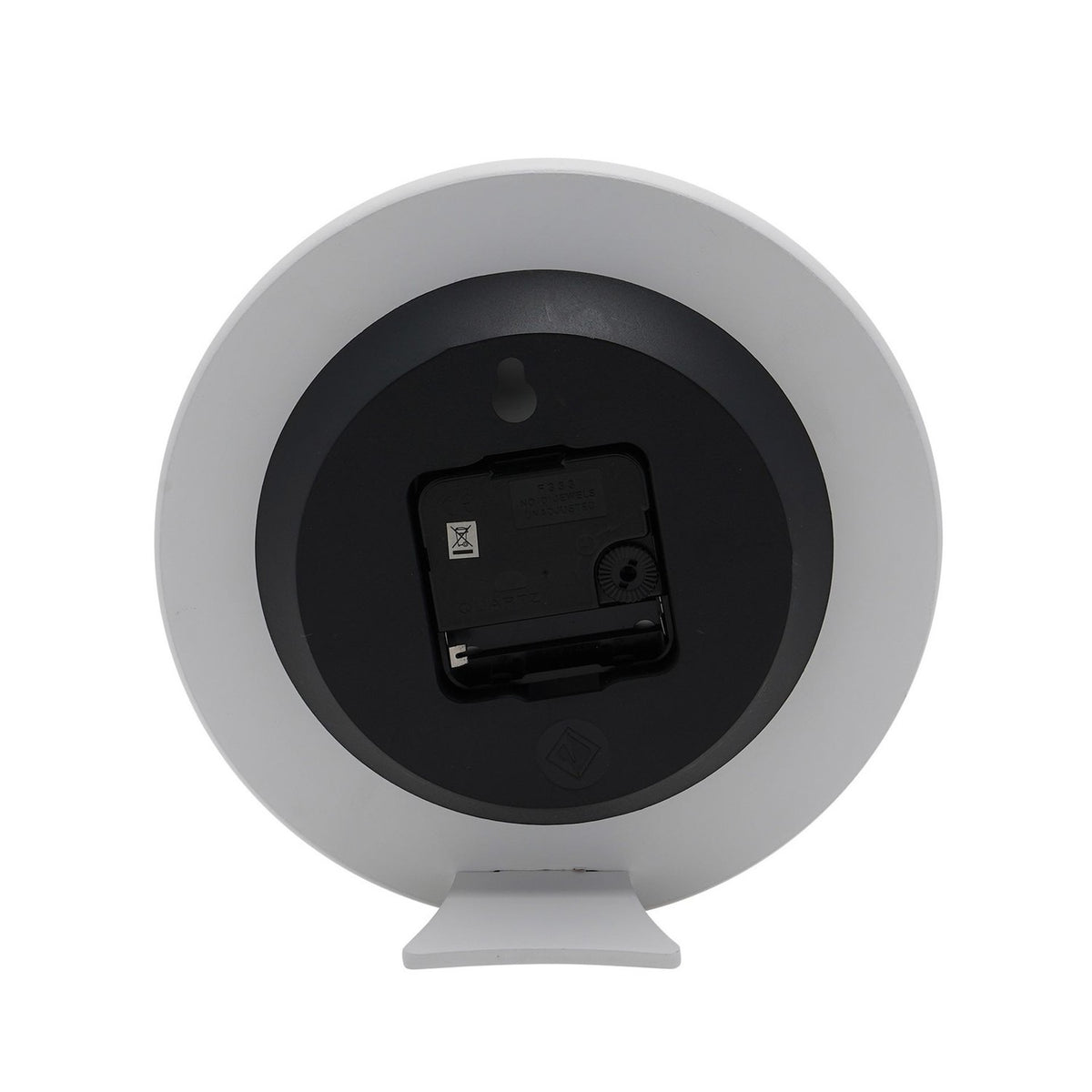 Rear view of the Mickey Mouse Real 999 Silverplated Wall Clock showing the black clock movement, battery slot and hanging hook on a white stand, set against a plain background.