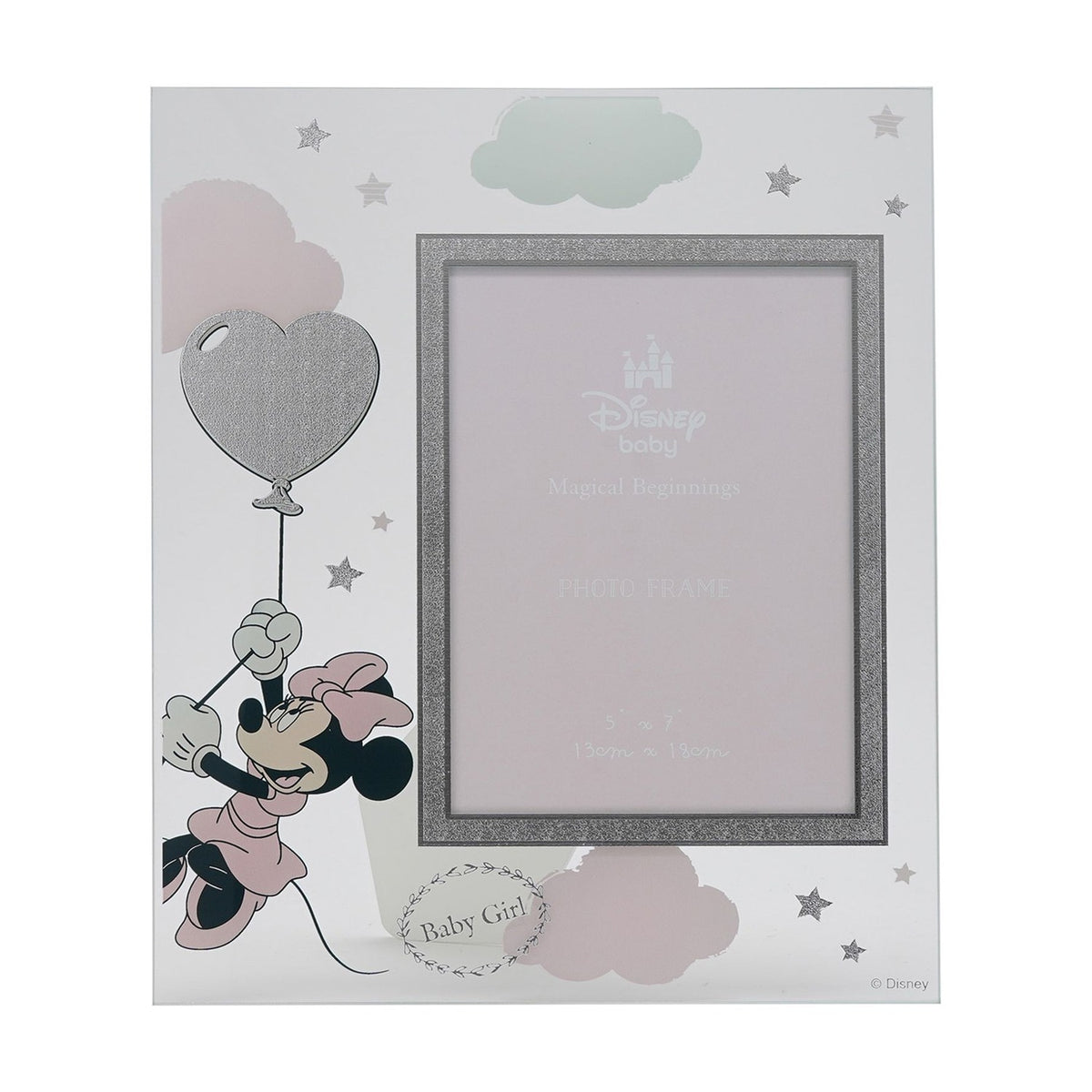 Glass photo frame with silver glitter border for a 7 x 5in photo, featuring Minnie Mouse on a heart balloon, pink and mint clouds, stars, and "Baby Girl" text.