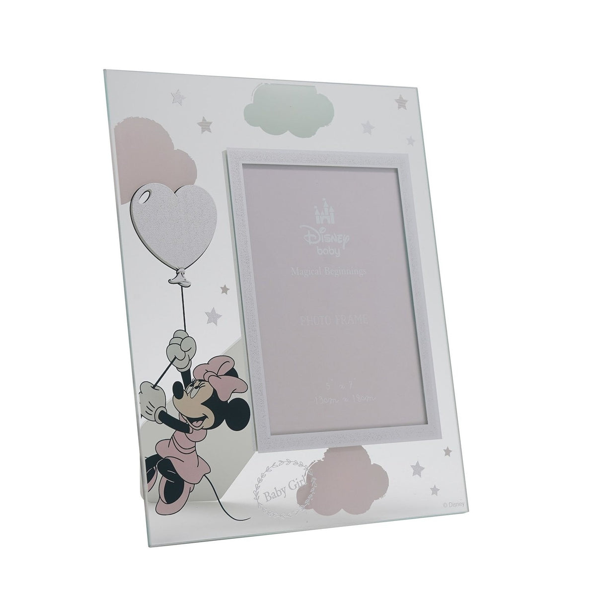 Minnie Mouse Cloud Glass Photo Frame, clear glass with pink and mint clouds, stars, and Minnie on a silver glitter heart balloon beside a 7 x 5in photo window reading "Baby Girl".