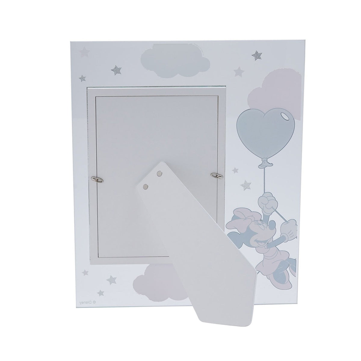 Rear view of the Minnie Mouse Cloud Glass Photo Frame 7 x 5in showing its white fold-out stand and silver hinge fittings on a plain background.