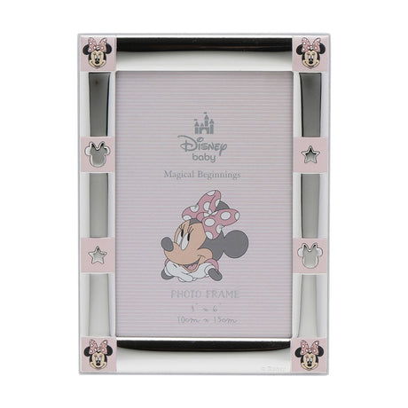 Minnie Mouse 6 x 4in silver-plated photo frame with pink corner tiles featuring Minnie's face, star and mouse-ear cut-outs, on a plain white background.