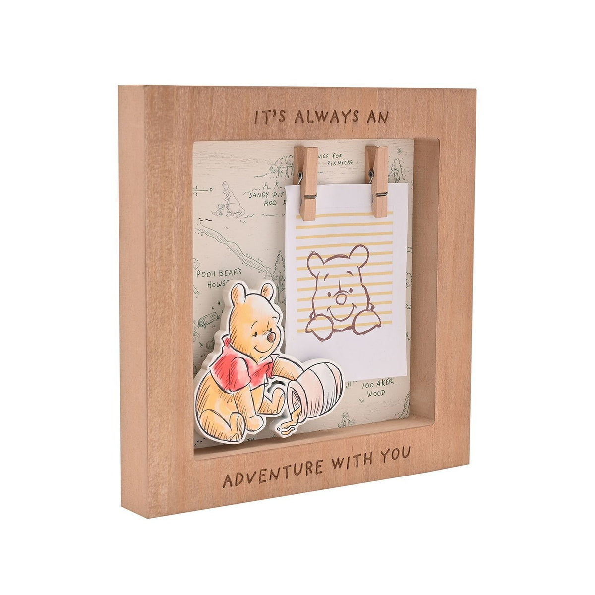 Square brown wooden box photo frame with engraved "It's always an adventure with you" text, a Pooh map panel, raised Pooh cut-out, and two pegs holding a blank card.