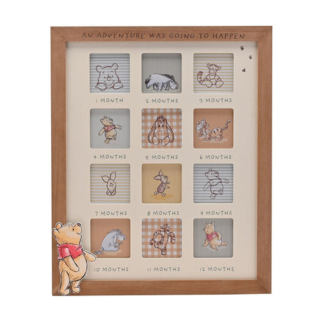Winnie the Pooh First Year Wooden Photo Frame with twelve square openings labelled 1–12 Months in an off-white mount and brown wooden border, with a Pooh cut-out at the base.