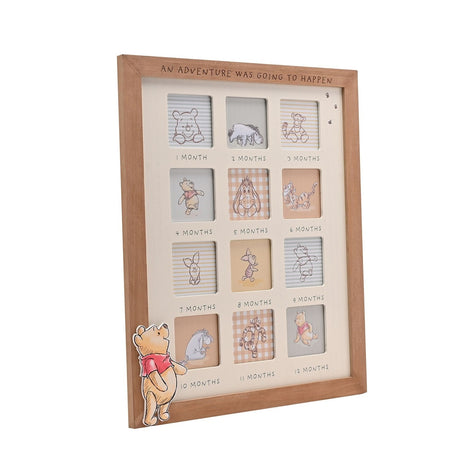Winnie the Pooh First Year Wooden Photo Frame with twelve labelled monthly windows in an off-white mount and brown wooden border, shown on a plain white background.