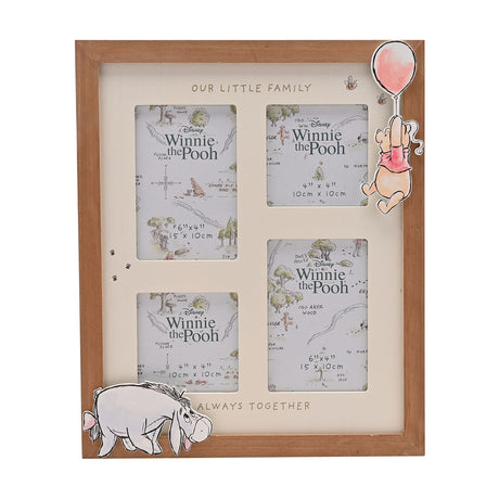 Brown Winnie the Pooh wooden photo frame with four openings, cream mount reading Our Little Family and Always Together, Pooh with pink balloon and Eeyore figures on corners.