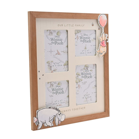 Brown wooden multi-aperture frame with cream mount, four openings, Our Little Family and Always Together text, Pooh with balloon and Eeyore illustrations, on white background.