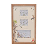 Brown wood multi-aperture frame with off-white mat, three openings labeled first scan, second scan, and first photo, featuring illustrated Winnie the Pooh characters.