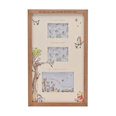 Brown wood multi-aperture frame with off-white mat, three openings labeled first scan, second scan, and first photo, featuring illustrated Winnie the Pooh characters.
