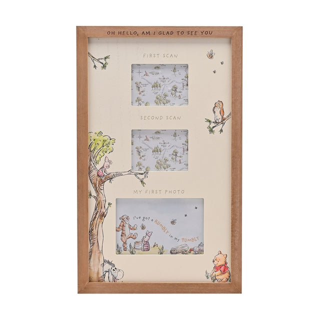 Brown wood multi-aperture frame with off-white mat, three openings labeled first scan, second scan, and first photo, featuring illustrated Winnie the Pooh characters.