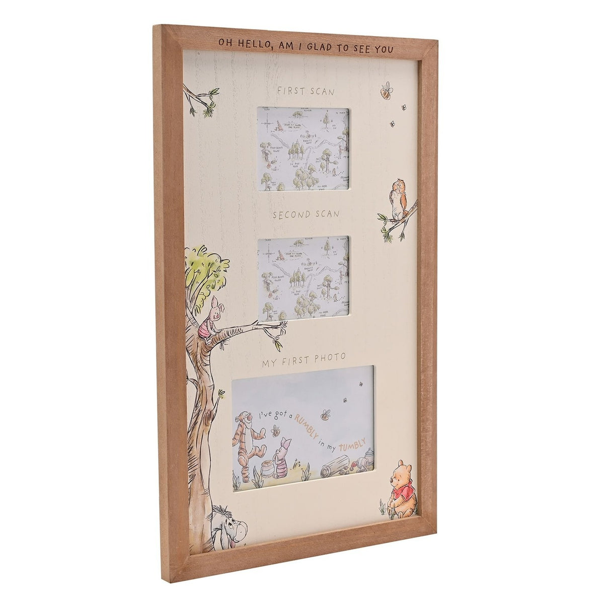 Brown wood Winnie the Pooh multi-aperture frame with off-white mount, three openings labelled first scan, second scan and first photo, Pooh illustrations, angled on white background.