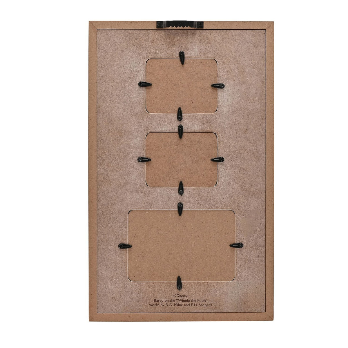Rear view of the Winnie the Pooh multi-aperture scan frame showing a brown wooden backing with three cut-out openings, metal clips, and an attached hanging fixture.