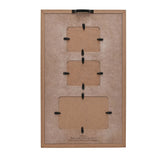 Rear view of the Winnie the Pooh multi-aperture scan frame showing a brown wooden backing with three cut-out openings, metal clips, and an attached hanging fixture.