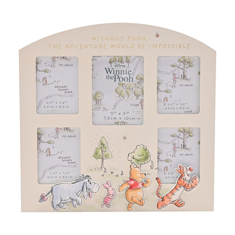 White wooden multi-aperture photo frame with arched top, five openings, gold "Without Pooh" text, and Winnie the Pooh characters along the bottom edge.