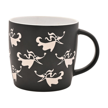 Nightmare Before Christmas Zero stoneware mug with matte black body, off-white ghost dog silhouettes, white interior and black handle, on a plain background.