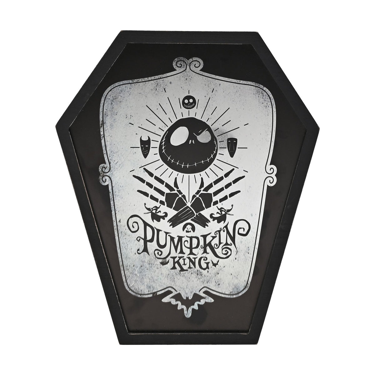 Mirrored Pumpkin King plaque in a black coffin-shaped frame, featuring Jack Skellington's skull, crossed skeletal hands, and Pumpkin King text, on a white background.