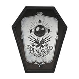 Mirrored Pumpkin King plaque in a black coffin-shaped frame, featuring Jack Skellington's skull, crossed skeletal hands, and Pumpkin King text, on a white background.