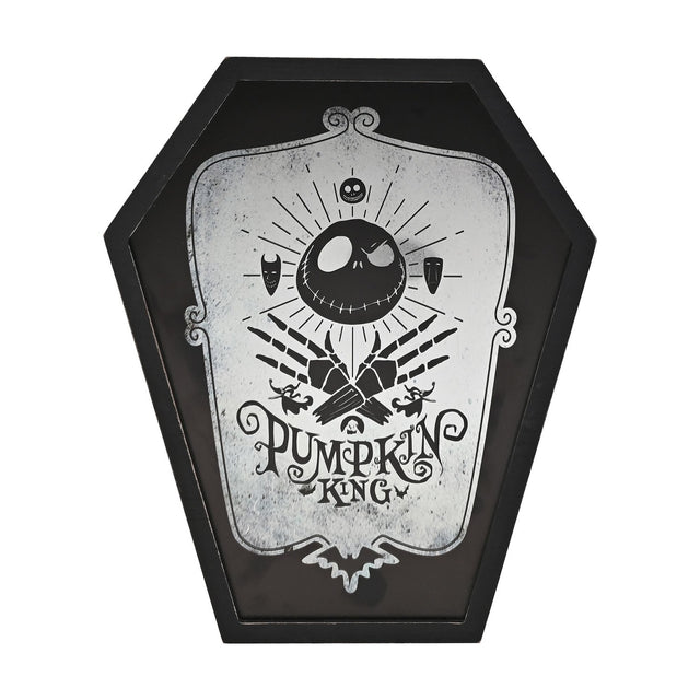 Mirrored Pumpkin King plaque in a black coffin-shaped frame, featuring Jack Skellington's skull, crossed skeletal hands, and Pumpkin King text, on a white background.