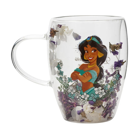 Clear glass mug with a looped handle, featuring Princess Jasmine among teal and white flowers, surrounded by dried purple and white blooms set against a white background.