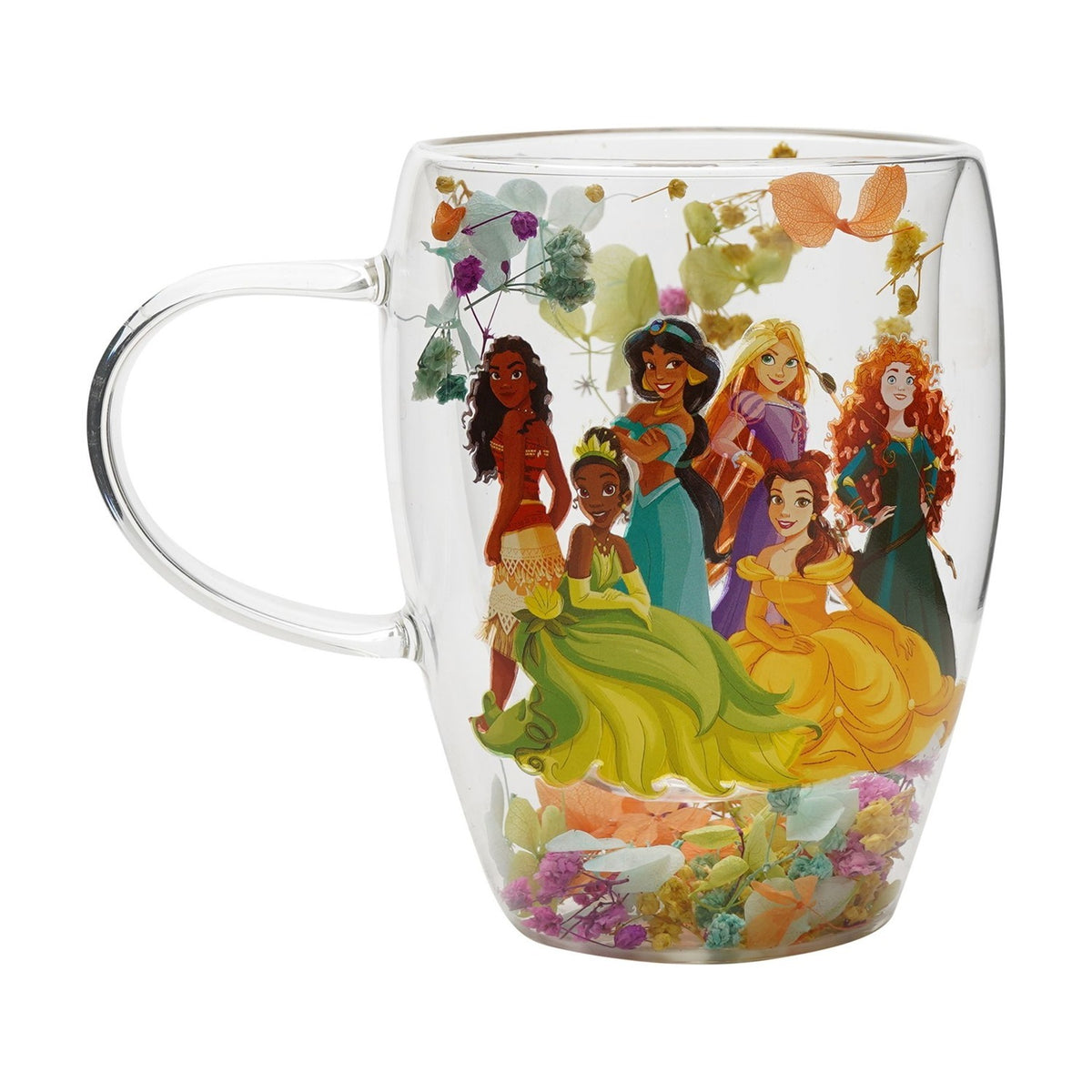 Clear glass mug with a double-wall design, 320ml, printed with six Disney princesses in colourful gowns and surrounded by pastel dried flowers, shown on a plain white background.