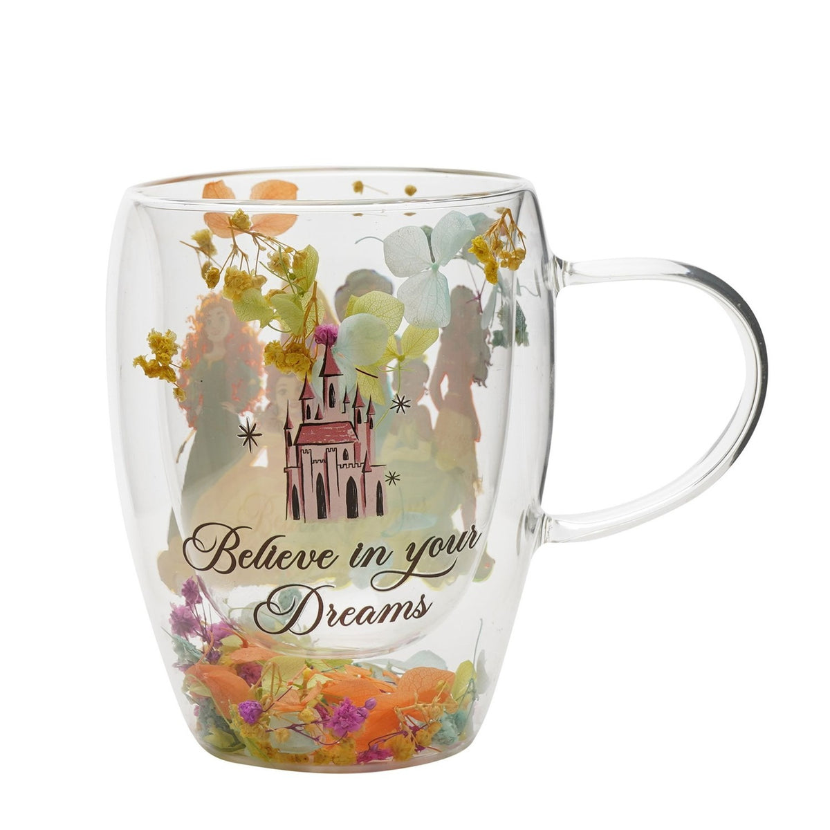 Double-walled glass mug with pressed pastel flowers between the layers, printed princess silhouettes, a pink castle and "Believe in your Dreams" script, clear handle, on a white background.