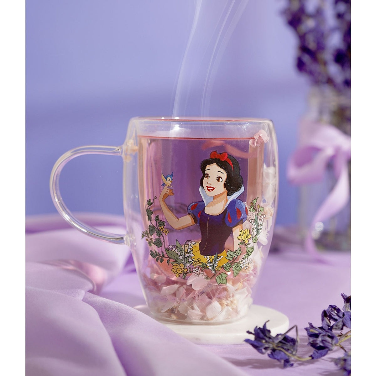Pastel Princess Snow White Floral Decorative Glass Mug - Clear