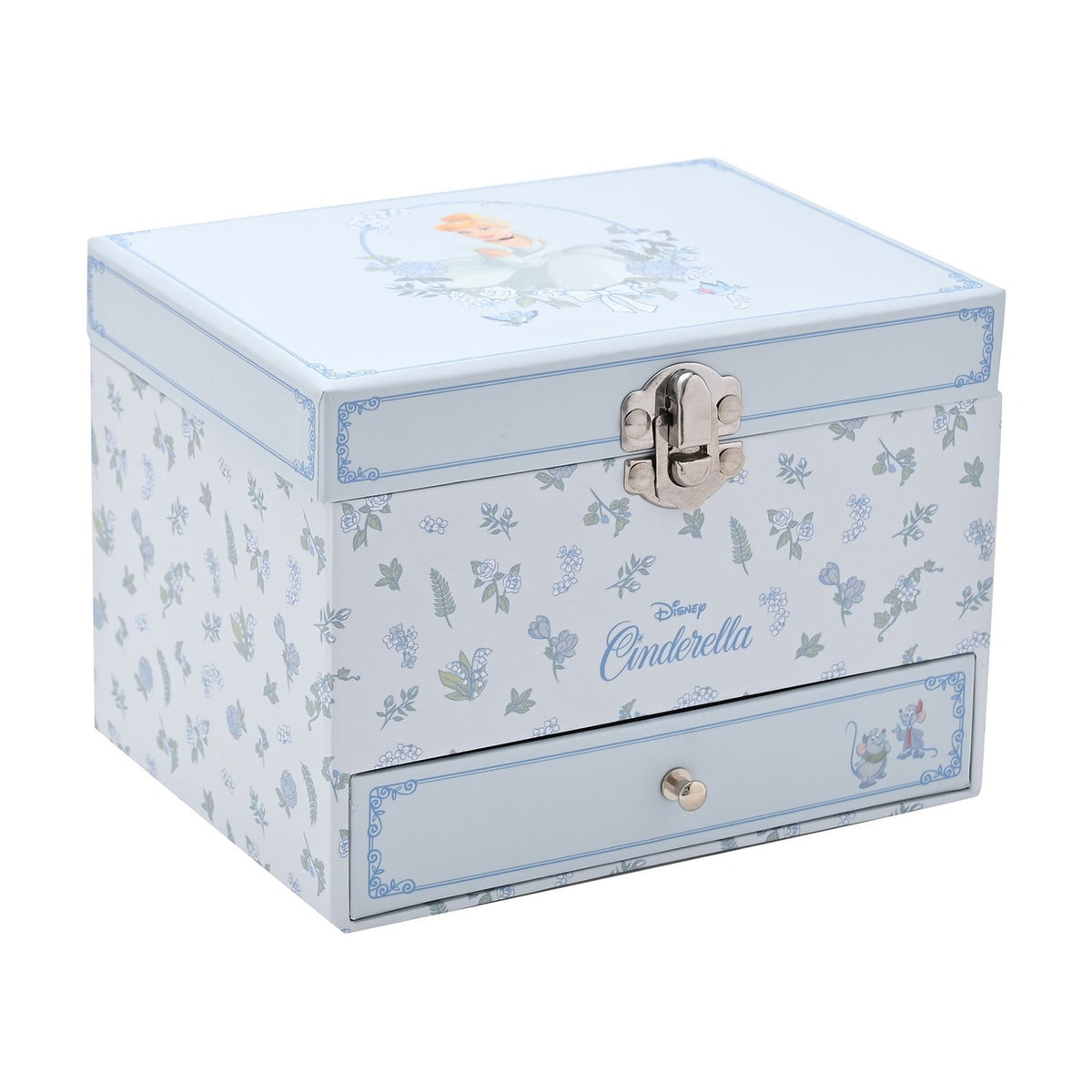 Rectangular Cinderella musical jewellery box with a front drawer, silver clasp, pale blue floral print sides, and a lid portrait of Cinderella framed in roses, shown on a white background.