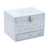 Rectangular Cinderella musical jewellery box with a front drawer, silver clasp, pale blue floral print sides, and a lid portrait of Cinderella framed in roses, shown on a white background.