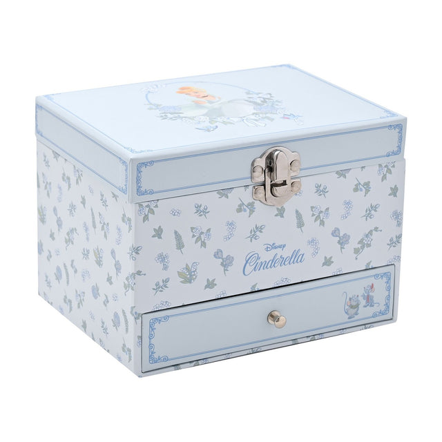 Rectangular Cinderella musical jewellery box with a front drawer, silver clasp, pale blue floral print sides, and a lid portrait of Cinderella framed in roses, shown on a white background.