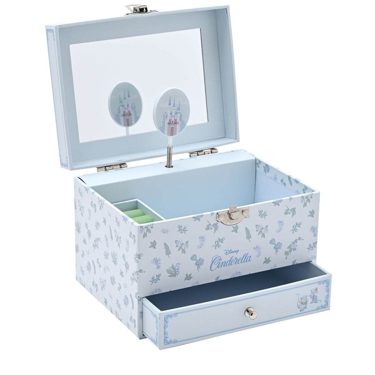 Open Cinderella musical jewellery box in pale blue with floral print, showing mirrored lid with rotating castle figure, compartments, and a front drawer with mouse motif, on a white background.