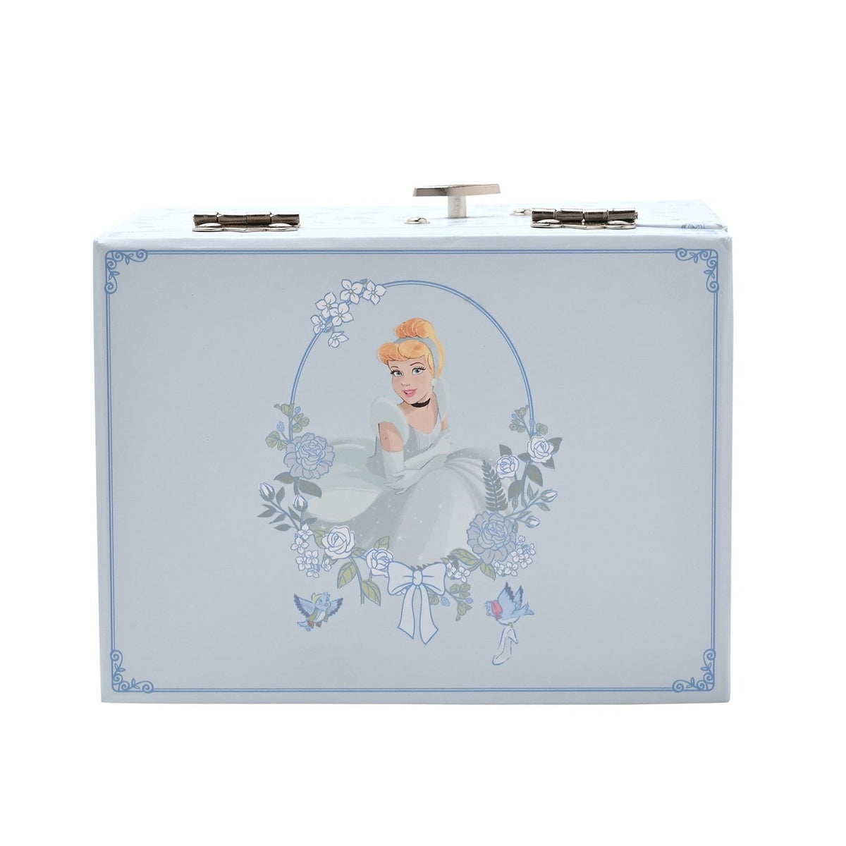 Pastel Princess Cinderella musical jewellery box, rectangular with silver clasps, lid printed with Cinderella in a rose wreath and bluebirds, pale blue floral panels, plain white background.