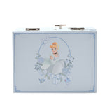 Pastel Princess Cinderella musical jewellery box, rectangular with silver clasps, lid printed with Cinderella in a rose wreath and bluebirds, pale blue floral panels, plain white background.