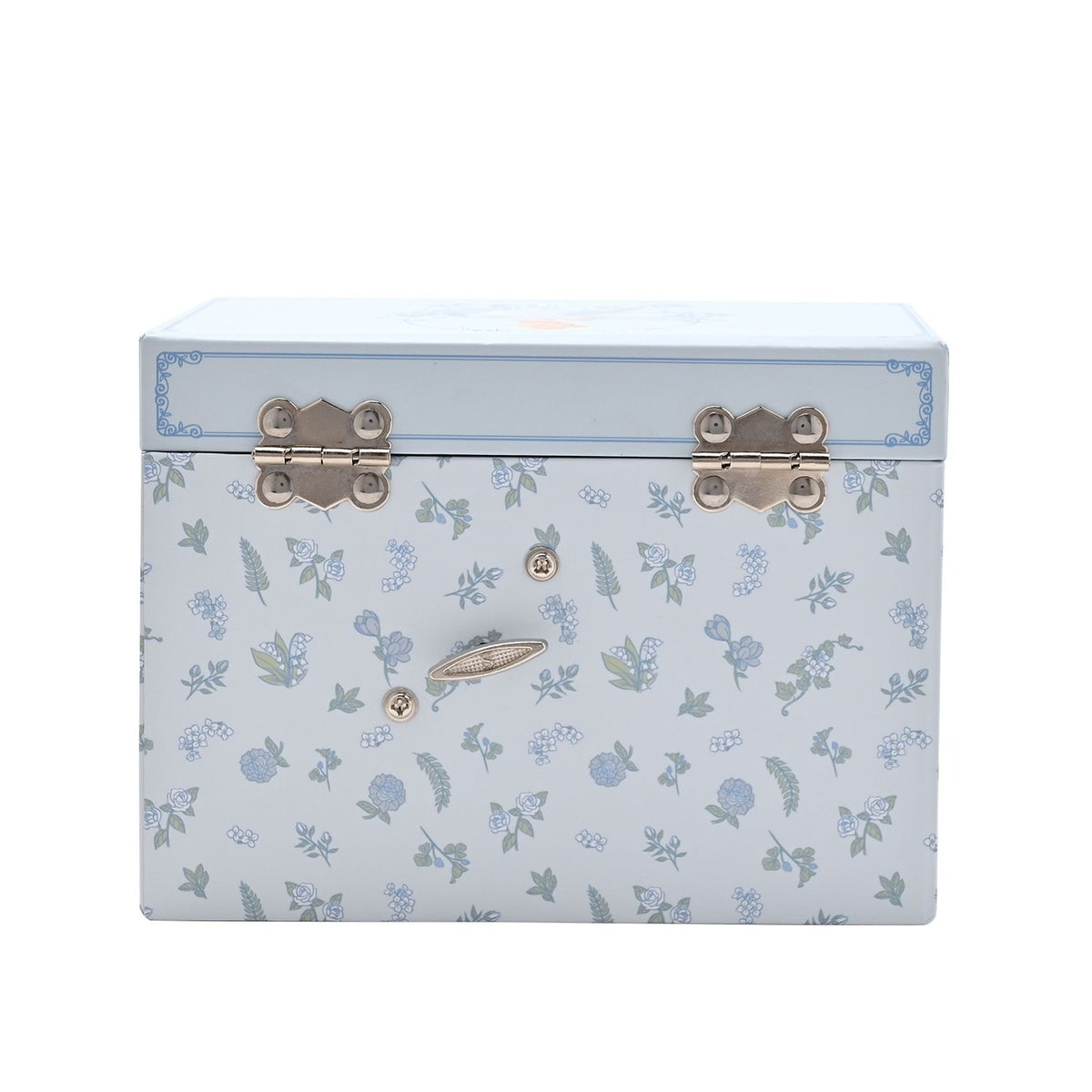 Pastel Princess Cinderella Musical Jewellery Box, a rectangular trinket box with floral print sides, silver clasps and drawer knob, shown on a plain white background.