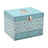 Mint-coloured musical jewellery box featuring Princess Jasmine's portrait in white flowers on the lid, lilac floral sides, silver clasp, and a monkey-motif front drawer, on a white background.