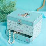 Rectangular Pastel Princess Jasmine musical jewellery box in mint with floral print, lilac scrollwork, portrait on lid, and an open drawer showing a pearl necklace.