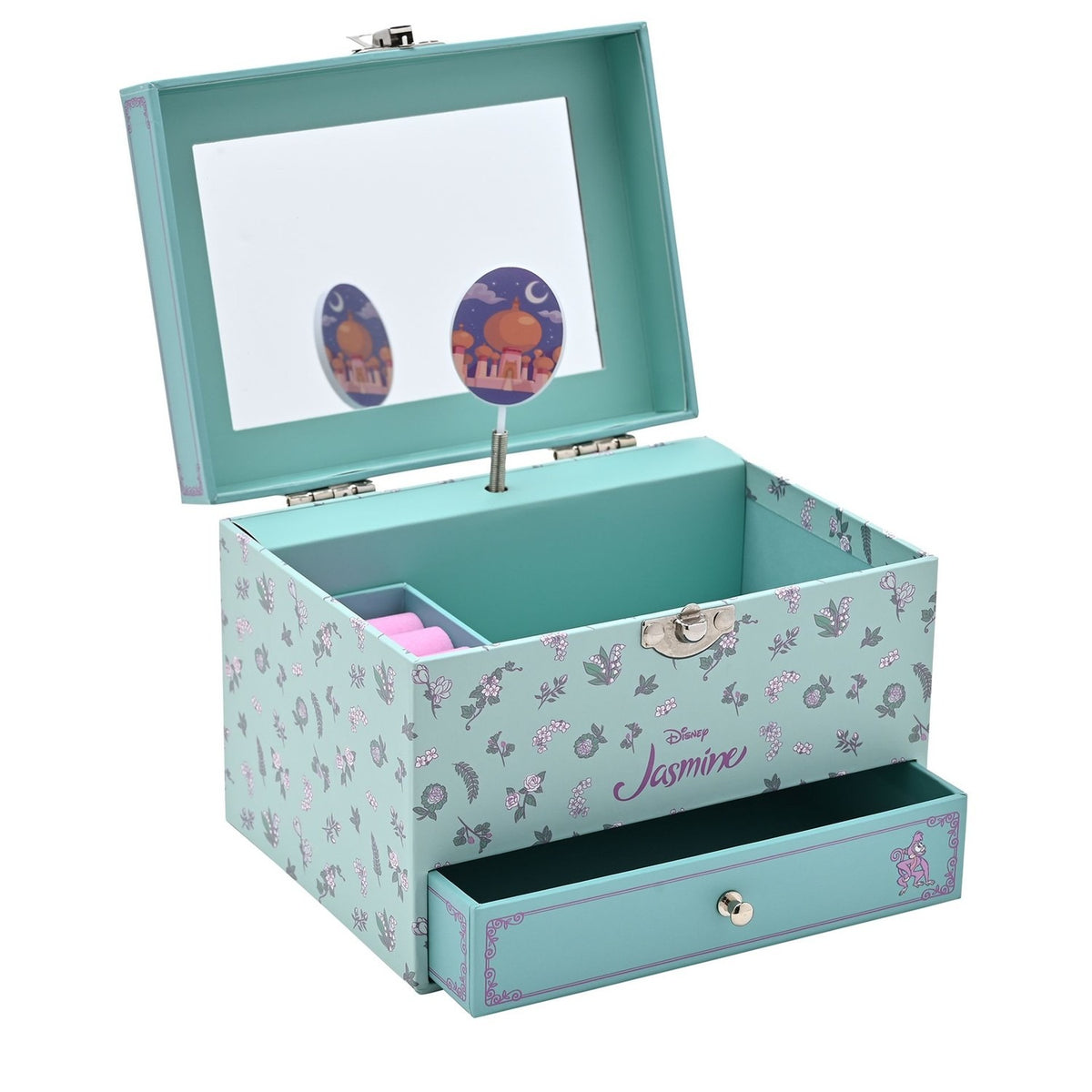Pastel Princess Jasmine musical jewellery box, open rectangular design in mint with lilac floral print, mirrored lid, interior compartments and pull-out drawer, on a white background.
