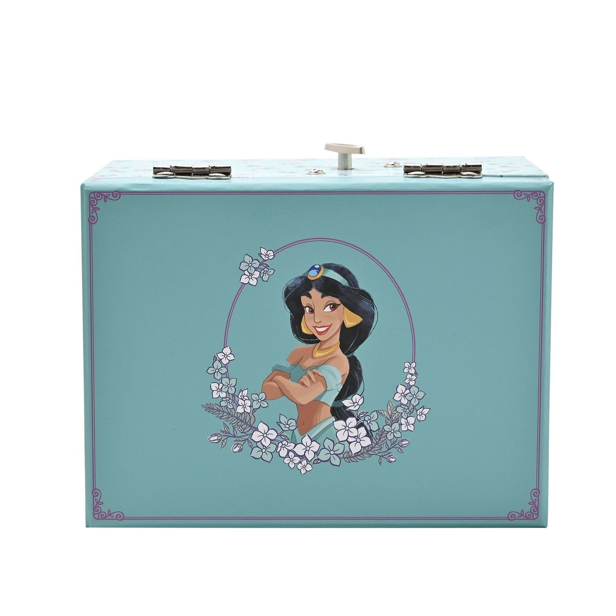 Rectangular musical jewellery box in mint with lilac scrollwork borders, featuring Princess Jasmine's portrait framed in white flowers on the lid and metal clasps, shown on a white background.
