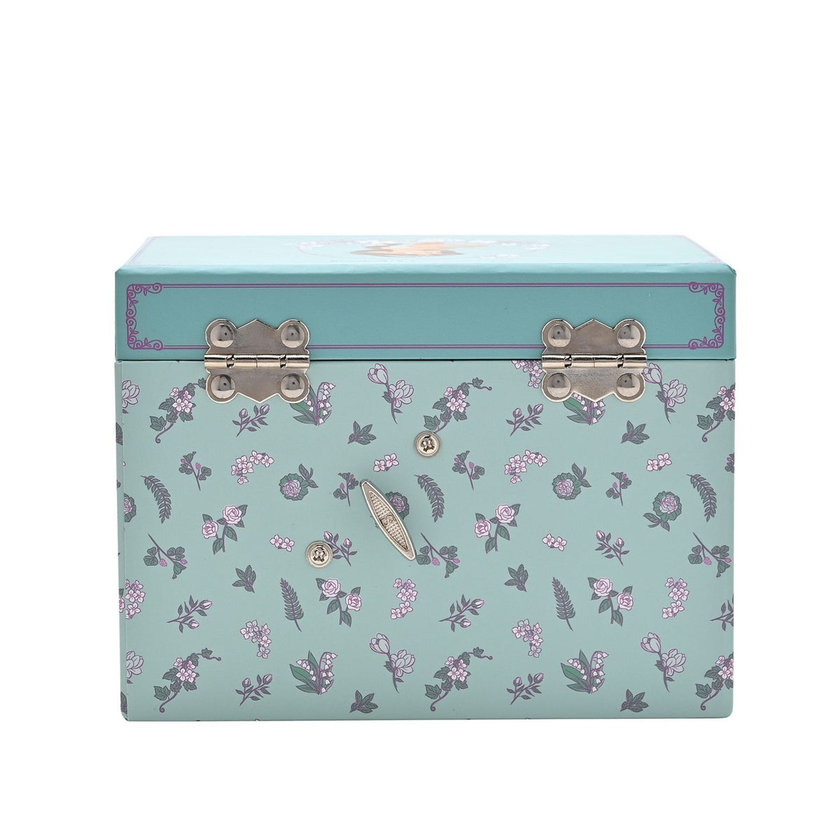Pastel Princess Jasmine musical jewellery box, rectangular with mint floral print sides, silver clasps and knob, lilac scrollwork lid border, on a plain white background.