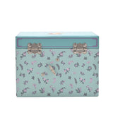 Pastel Princess Jasmine musical jewellery box, rectangular with mint floral print sides, silver clasps and knob, lilac scrollwork lid border, on a plain white background.